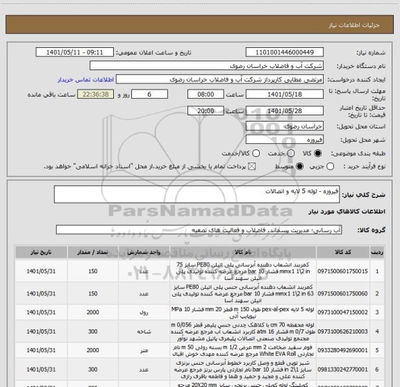 استعلام فیروزه - لوله 5 لایه و اتصالات