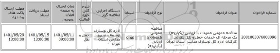 مناقصه، مناقصه عمومی همزمان با ارزیابی (یکپارچه) یک مرحله ای خدمات حمل و نقل نظارتی کارکنان اداره کل نوسازی مداسر استان تهران
