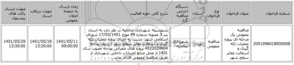 مناقصه، مناقصه عمومی یک مرحله ای پروژه عملیات لکه گیری و آسفالت معابر سطح شهر