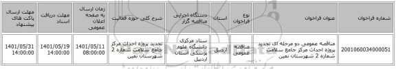 مناقصه، مناقصه عمومی دو مرحله ای تجدید پروژه احداث مرکز جامع سلامت شماره 2 شهرستان نمین