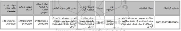 مناقصه، مناقصه عمومی دو مرحله ای تجدید پروژه احداث مرکز جامع سلامت روستای قاسم کندی شهرستان گرمی