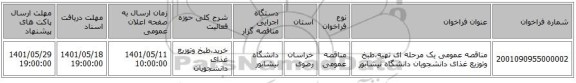 مناقصه، مناقصه عمومی یک مرحله ای تهیه،طبخ وتوزیع غذای دانشجویان دانشگاه نیشابور