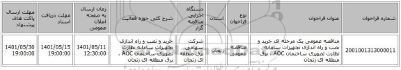 مناقصه، مناقصه عمومی یک مرحله ای خرید و نصب و راه اندازی تجهیزات سامانه نظارت تصویری ساختمان AOC ، برق منطقه ای زنجان