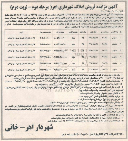 مزایده فروش املاک مسکونی - نوبت دوم