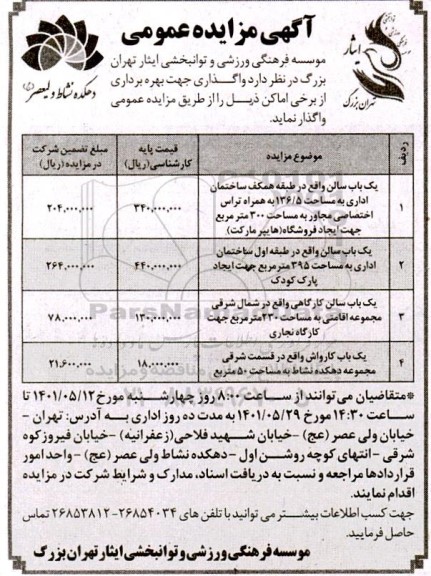 مزایده واگذاری جهت بهره برداری از برخی اماکن