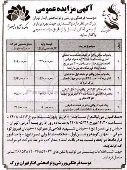 مزایده واگذاری جهت بهره برداری از برخی اماکن 