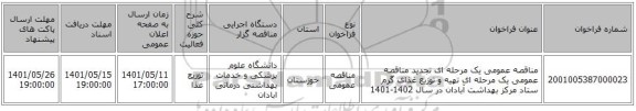 مناقصه، مناقصه عمومی یک مرحله ای             تجدید مناقصه عمومی یک مرحله ای  تهیه و توزیع غذای گرم ستاد مرکز بهداشت آبادان در سال 1402-1401