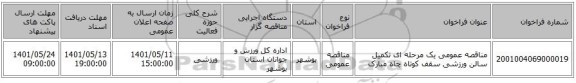 مناقصه، مناقصه عمومی یک مرحله ای تکمیل سالن ورزشی سقف کوتاه چاه مبارک
