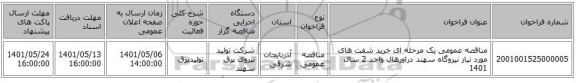 مناقصه، مناقصه عمومی یک مرحله ای خرید شفت های مورد نیاز  نیروگاه سهند دراورهال واحد 2 سال 1401