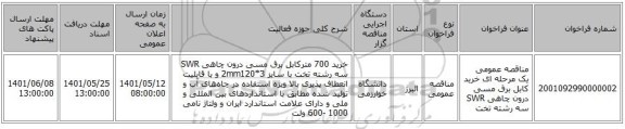 مناقصه، مناقصه عمومی یک مرحله ای خرید کابل برق مسی درون چاهی SWR سه رشته تخت
