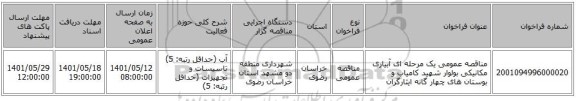 مناقصه، مناقصه عمومی یک مرحله ای آبیاری مکانیکی بولوار شهید کامیاب و بوستان های چهار گانه ایثارگران