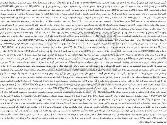 آگهی مزایده دو دانگ و پنج دهم دانگ مشاع از ششدانگ پلاک ثبتی بازداشتی شماره2 فرعی از 6836 اصلی بخش 01