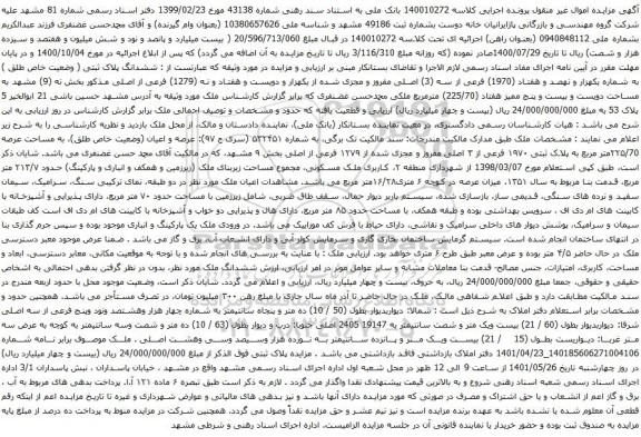 آگهی مزایده ششدانگ پلاک ثبتی ( وضعیت خاص طلق ) به شماره یکهزار و نهصد و هفتاد (1970) فرعی از سه (3) اصلی