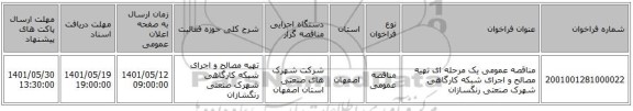 مناقصه، مناقصه عمومی یک مرحله ای تهیه مصالح و اجرای شبکه کارگاهی شهرک صنعتی رنگسازان