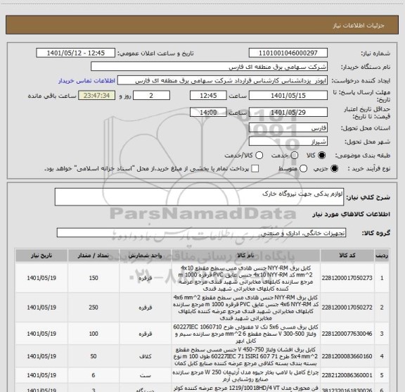 استعلام لوازم یدکی جهت نیروگاه خارک