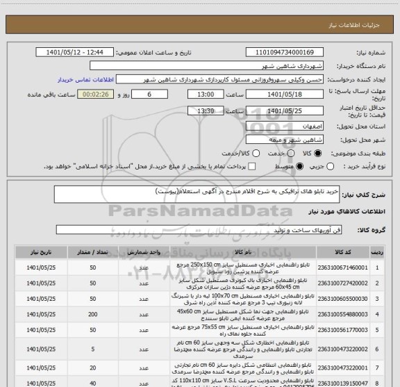استعلام خرید تابلو های ترافیکی به شرح اقلام مندرج در آگهی استعلام(پیوست)