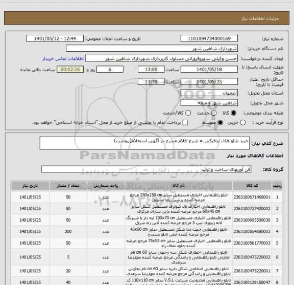 استعلام خرید تابلو های ترافیکی به شرح اقلام مندرج در آگهی استعلام(پیوست)