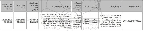 مناقصه، مناقصه عمومی یک مرحله ای فعالیت های خدماتی مراکز آموزشی رفاهی و ورزشی  اداره کل آموزش و پرورش چهارمحال وبختیاری  (به صورت سود مدیریتی)
