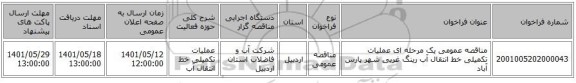 مناقصه، مناقصه عمومی یک مرحله ای عملیات تکمیلی خط انتقال آب رینگ غربی شهر پارس آباد