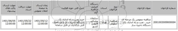 مناقصه، مناقصه عمومی یک مرحله ای خرید ، نصب و راه اندازی یک دستگاه ذخیره ساز