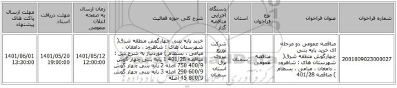 مناقصه، مناقصه عمومی دو مرحله ای خرید پایه بتنی چهارگوش منطقه شرق( شهرستان های : شاهرود ، دامغان  ، میامی ، بسطام )  مناقصه 401/28