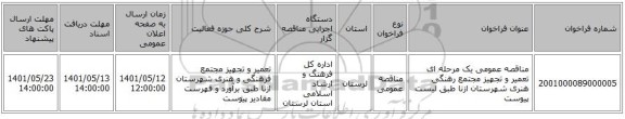 مناقصه، مناقصه عمومی یک مرحله ای تعمیر و تجهیز مجتمع رهنگی  هنری شهرستان ازنا طبق لیست پیوست