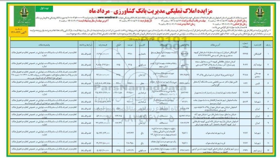 مزایده فروش املاک تملیکی کاربری دامداری و مسکونی نوبت اول 