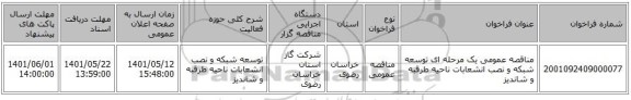 مناقصه، مناقصه عمومی یک مرحله ای توسعه شبکه و نصب انشعابات ناحیه طرقبه و شاندیز