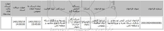 مناقصه، فراخوان ارزیابی کیفی توسعه و بازنگری شبکه تغذیه و توزیع مشهد و منطقه ثامن