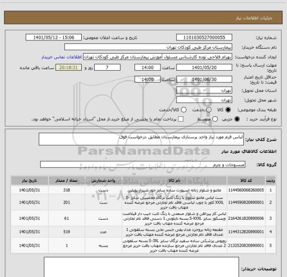 استعلام لباس فرم مورد نیاز واحد پرستاری بیمارستان مطابق درخواست فوق