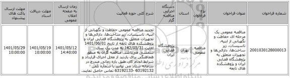 مناقصه، مناقصه عمومی یک مرحله ای حفاظت و نگهبانی از ابنیه، تاسیسات، زیر ساخت‌ها، دارائی‌ها و تجهیزات متعلق به پژوهشگاه فضایی ایران و پژوهشکده های تابعه
