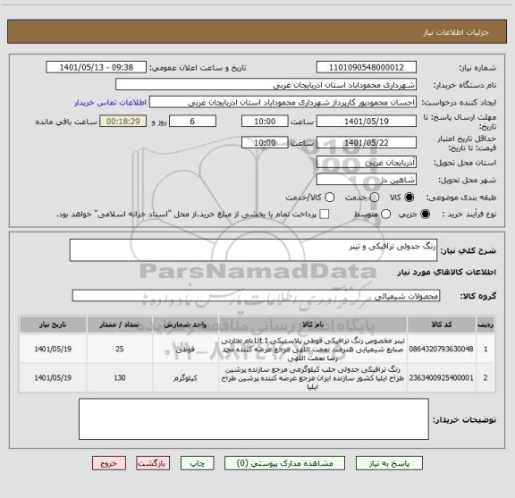 استعلام رنگ جدولی ترافیکی و تینر