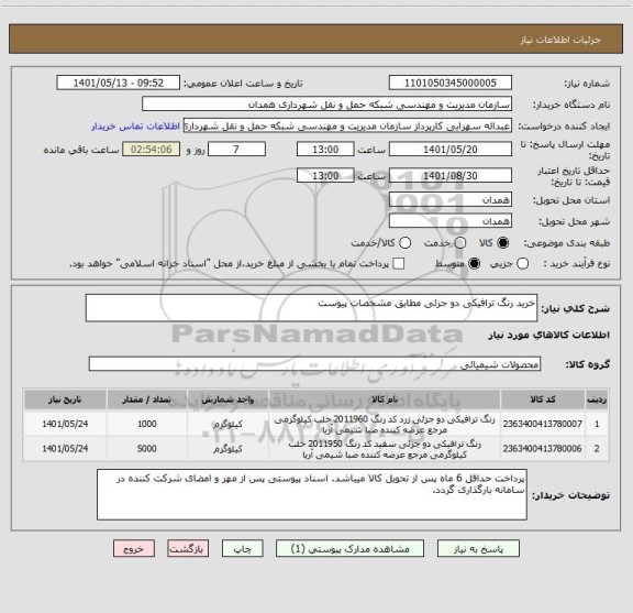 استعلام خرید رنگ ترافیکی دو جزئی مطابق مشخصات پیوست