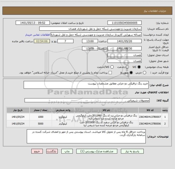 استعلام خرید رنگ ترافیکی دو جزئی مطابق مشخصات پیوست