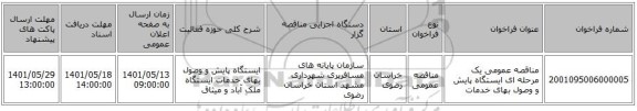 مناقصه، مناقصه عمومی یک مرحله ای ایستگاه پایش و وصول بهای خدمات
