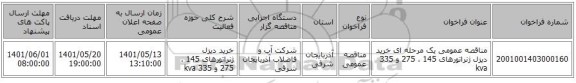 مناقصه، مناقصه عمومی یک مرحله ای خرید دیزل ژنراتورهای 145 ، 275 و 335 kva