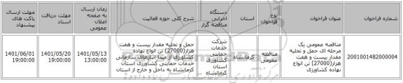 مناقصه، مناقصه عمومی یک مرحله ای حمل و تخلیه مقدار بیست و هفت هزار(27000) تن انواع نهاده کشاورزی