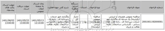 مناقصه، مناقصه عمومی همزمان با ارزیابی (یکپارچه) یک مرحله ای واگذاری امور خدمات دبیرخانه ای ، باجه ای ، نامه رسانی ، کارشناس ساختمان ،نقلیه، نظافت و باربری