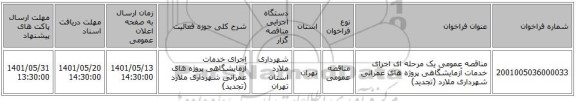 مناقصه، مناقصه عمومی یک مرحله ای اجرای خدمات آزمایشگاهی پروژه های عمرانی شهرداری ملارد (تجدید)