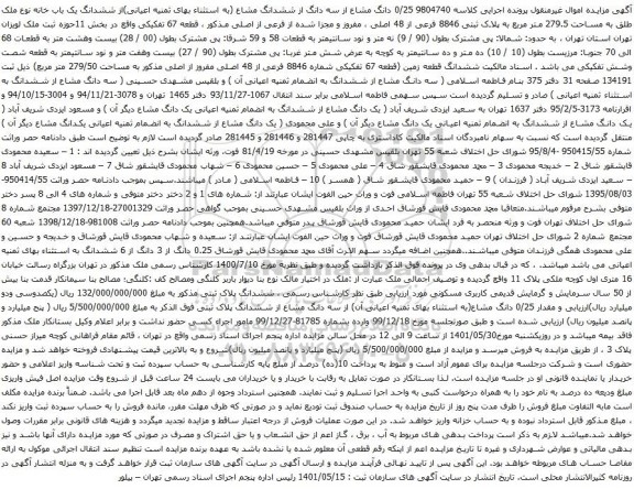 آگهی مزایده دانگ مشاع از سه دانگ از ششدانگ مشاع (به استثناء بهای ثمنیه اعیانی)از ششدانگ یک باب خانه نوع ملک طلق به مساحت 279.5 متر مربع به پلاک ثبتی 8846 فرعی از 48 اصلی