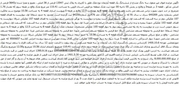 آگهی مزایده سه دانگ مشاع از ششدانگ یک قطعه آپارتمان نوع ملک طلق با کاربری به پلاک ثبتی 13547 فرعی از 36 اصلی ، مفروز و مجزا شده از5645 فرعی از اصلی