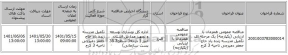 مناقصه، مناقصه عمومی همزمان با ارزیابی (یکپارچه) یک مرحله ای تکمیل مدرسه زنده یاد حاج جعفر دمیرچی  ناحیه 3 کرج