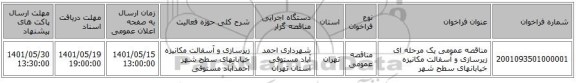 مناقصه، مناقصه عمومی یک مرحله ای زیرسازی و آسفالت مکانیزه خیابانهای سطح شهر