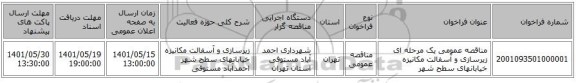 مناقصه، مناقصه عمومی یک مرحله ای زیرسازی و آسفالت مکانیزه خیابانهای سطح شهر