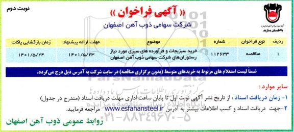 فراخوان مناقصه خريد سبزيجات و فرآورده های سبزی - نوبت دوم