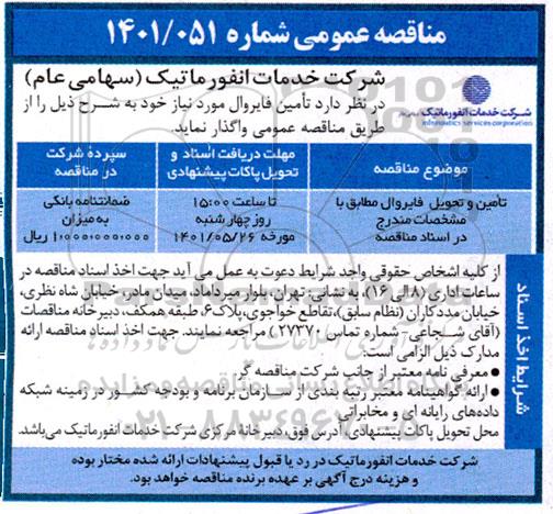 مناقصه تامین و تحویل فایروال مطابق با مشخصات مندرج در اسناد مناقصه 