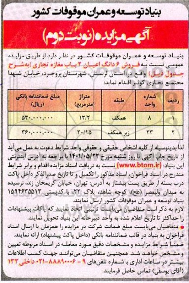 مزایده فروش ششدانگ اعیان دو باب مغازه تجاری- نوبت دوم