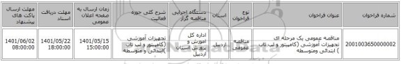 مناقصه، مناقصه عمومی یک مرحله ای تجهیزات آموزشی (کامپیتور و لب تاب ) ابتدائی ومتوسطه