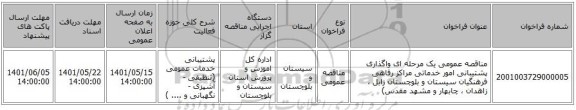 مناقصه، مناقصه عمومی یک مرحله ای واگذاری پشتیبانی امور خدماتی مراکز رفاهی فرهنگیان سیستان و بلوچستان زابل ، زاهدان ، چابهار و مشهد مقدس)
