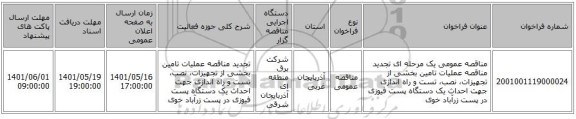 مناقصه، مناقصه عمومی یک مرحله ای تجدید مناقصه عملیات تامین بخشی از تجهیزات، نصب، تست و راه اندازی جهت احداث یک دستگاه پست فیوزی در پست زرآباد خوی